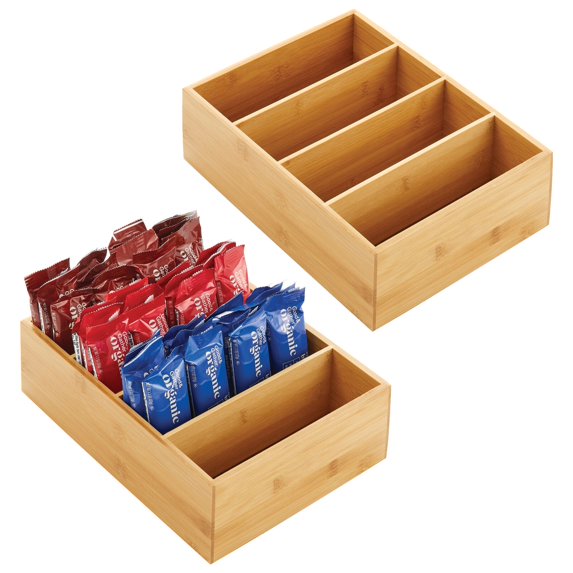 mDesign Bamboo Wood Food Storage Organizer Bin Box, 4 Sections, 2 Pack - Natural