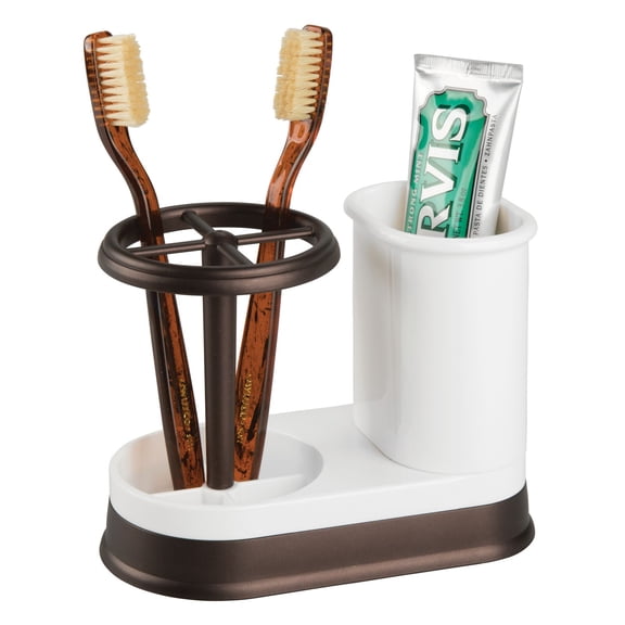 mDesign Bathroom Toothbrush/Toothpaste Dental Storage Organizer - White/Bronze