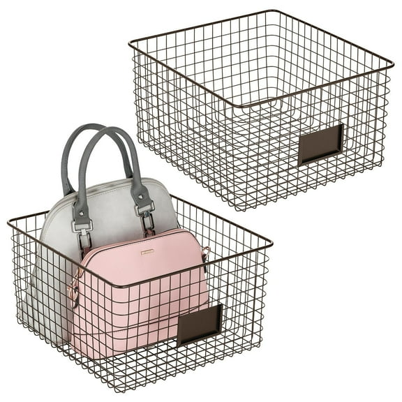 mDesign Bedroom Closet Storage Organizer Basket with Label Slot, 2 Pack, Bronze