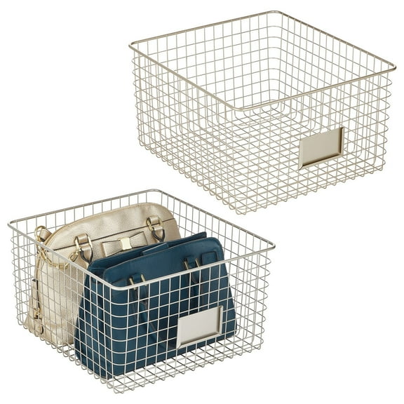 mDesign Bedroom Closet Storage Organizer Basket with Label Slot, 2 Pack, Satin