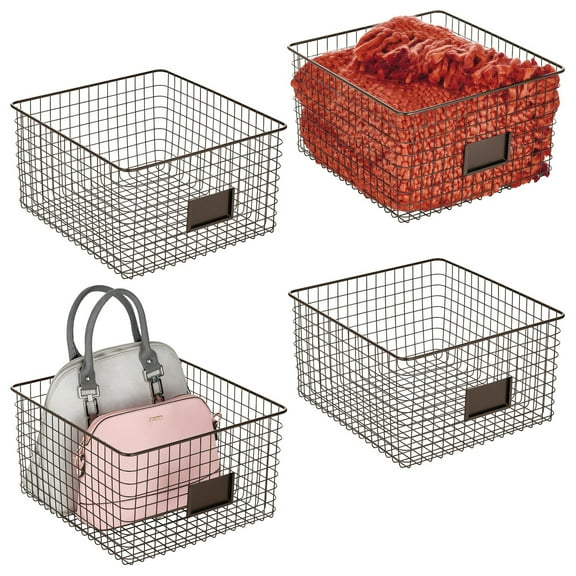 mDesign Bedroom Closet Storage Organizer Basket with Label Slot, 4 Pack, Bronze