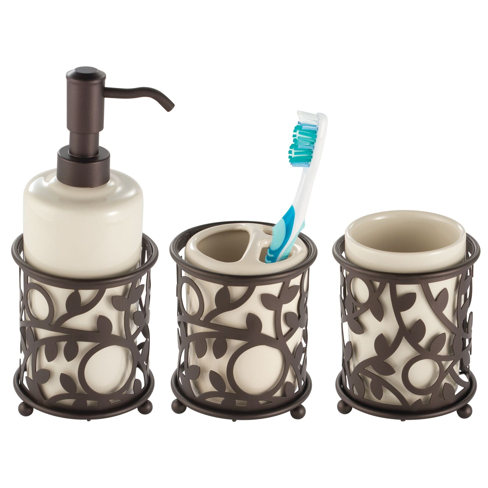 mDesign Ceramic/Metal Bathroom Soap, Toothbrush, Cup, Set of 3, Vanilla