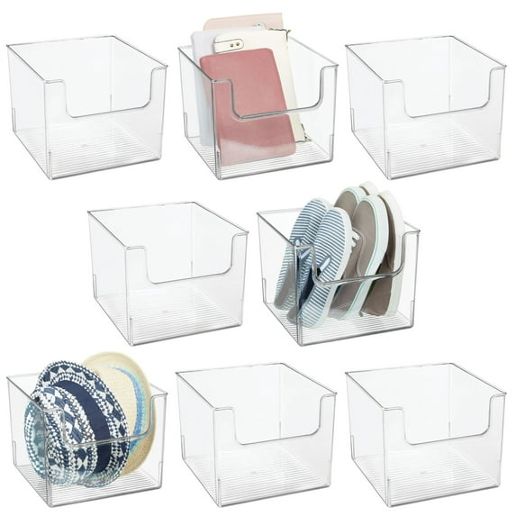mDesign Closet Plastic Storage Organizer Bin with Open Dip Front, 8 Pack - Clear