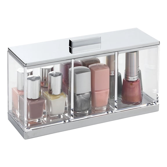 mDesign Cosmetic Divided Organizer Canister Box, 3 Sections, Lid, Clear/Chrome