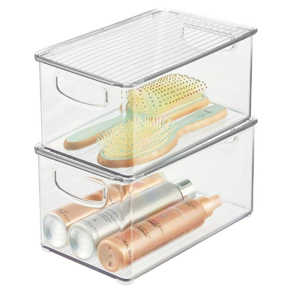 mDesign Deep Plastic Bathroom Storage Box, Lid, Built-In Handles, 2 Pack, Clear