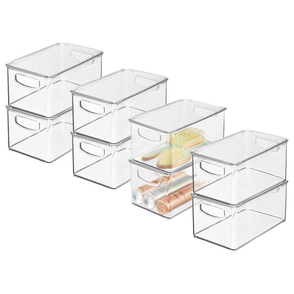 mDesign Deep Plastic Bathroom Storage Box, Lid/Built-In Handles, 8 Pack, Clear