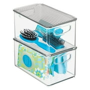 mDesign Deep Plastic Bathroom Storage Box, Lid/Handles, 2 Pack, Clear/Smoke Gray