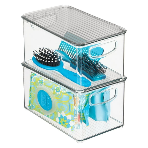 mDesign Deep Plastic Bathroom Storage Box, Lid/Handles, 2 Pack, Clear/Smoke Gray