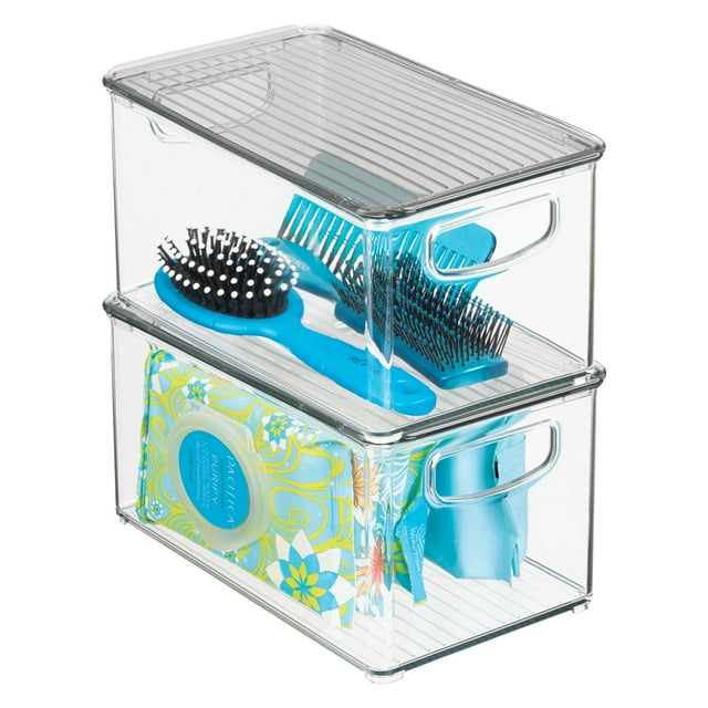 mDesign Deep Plastic Bathroom Storage Box, Lid/Handles, 2 Pack, Clear