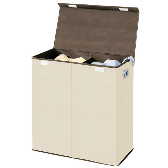 mDesign Divided Laundry Hamper Basket with Lid, Chrome Handles - Cream/Brown