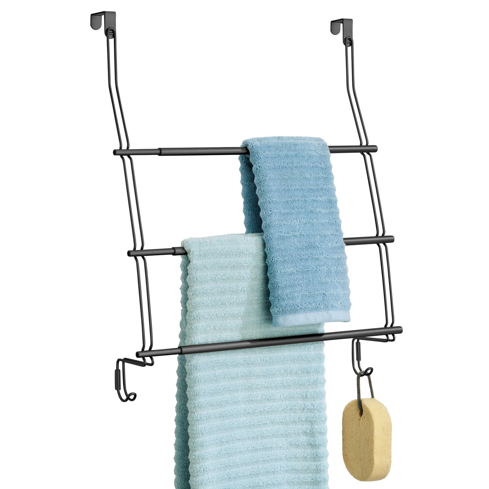Expandable Matte Black Steel Over Door Towel Rack with Hooks