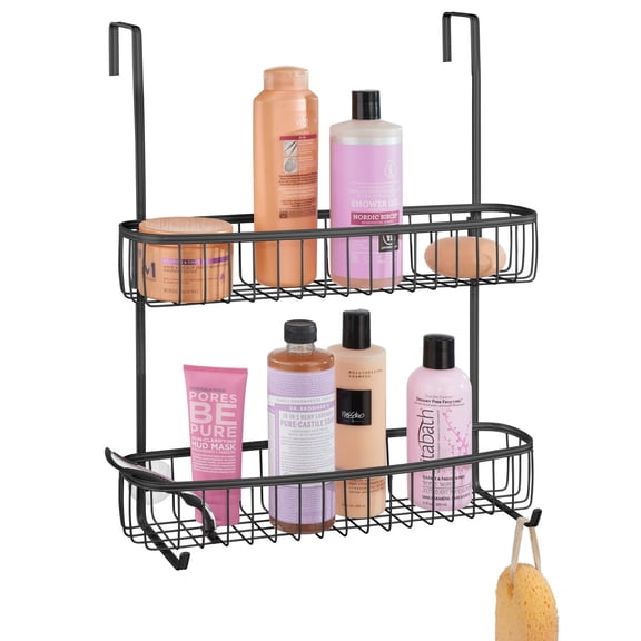 mDesign Extra Wide Stainless Steel 2-Tier Bathroom Shower Over Door Caddy, Black