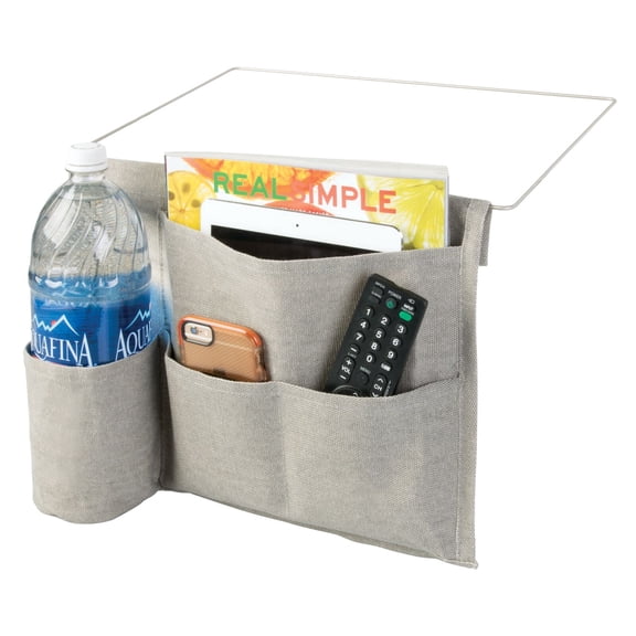 mDesign Fabric Bedside Storage Organizer Caddy, 4 Pockets - Light Gray