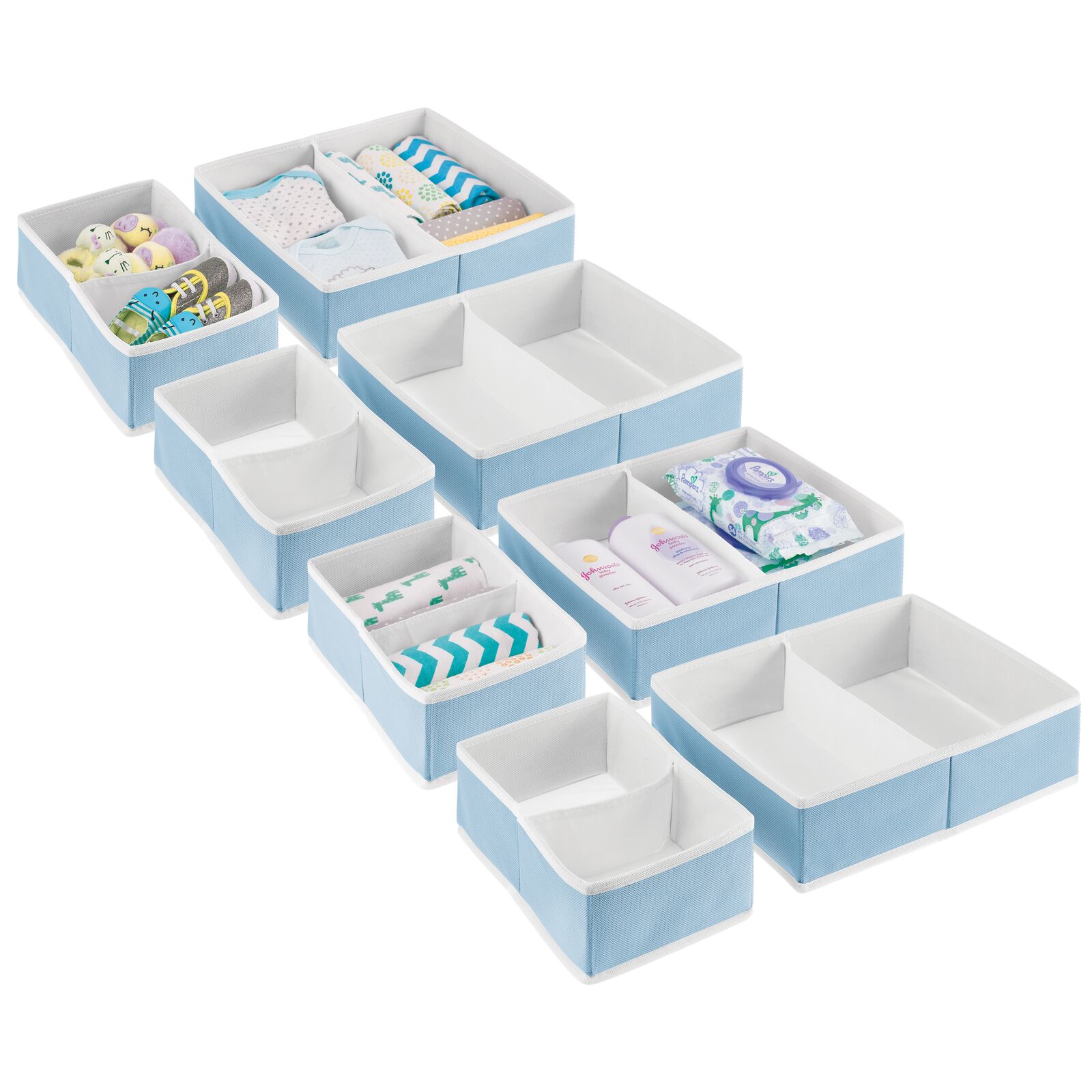 mDesign Fabric Nursery Divided Drawer Organizer Bin, 4 Pack, Light Blue