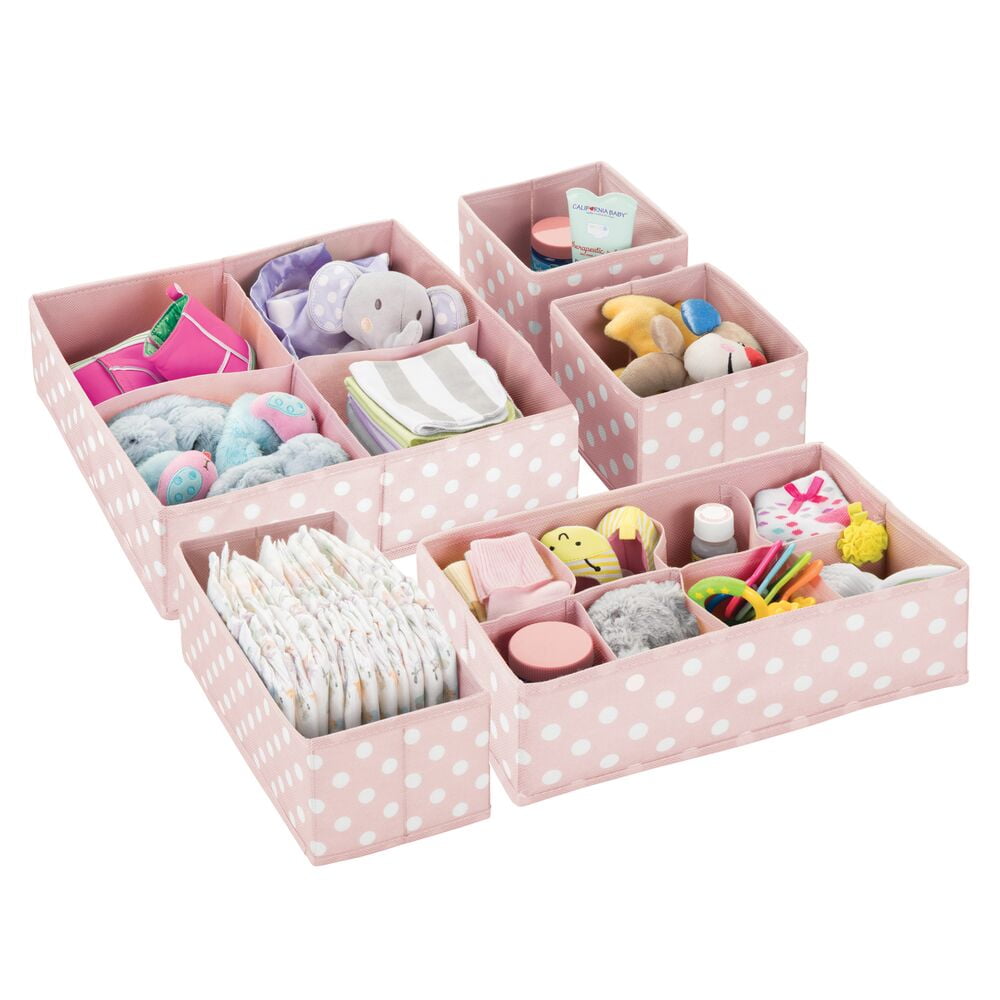 mDesign Fabric Nursery Divided Drawer Organizer, Set of 5, Pink/White