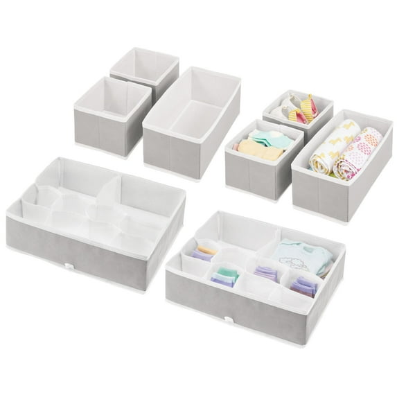 mDesign Fabric Nursery Divided Drawer Storage Bin, 2 Pack, Light Gray/White