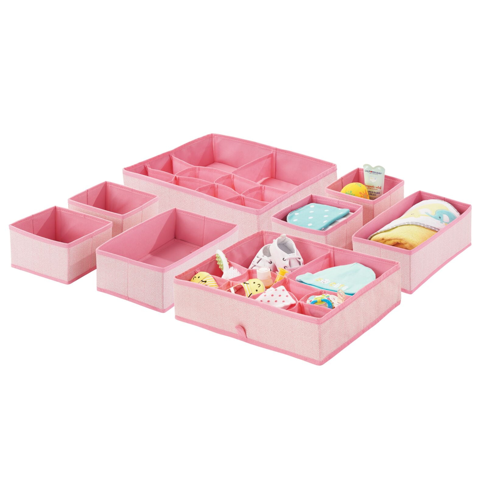 mDesign Fabric Nursery Divided Drawer Storage Bin, 2 Pack Pink
