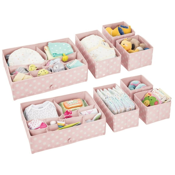 mDesign Fabric Nursery Divided Drawer Storage Bin, 2 Pack, Pink/White Polka Dot
