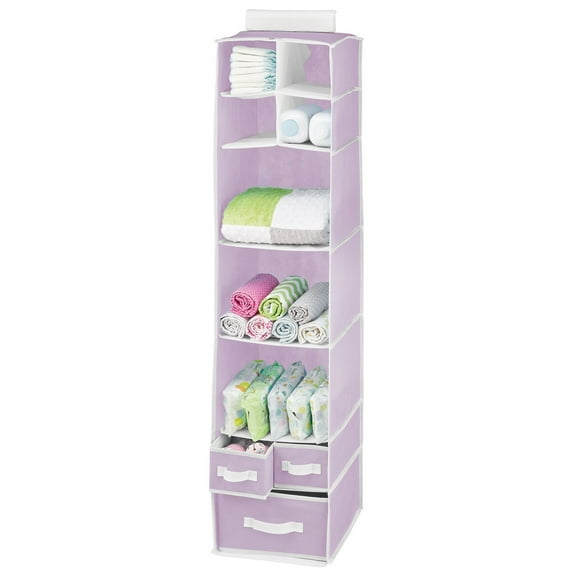 mDesign Fabric Nursery Hanging Organizer, 7 Shelves/3 Drawers - Lt. Purple/White