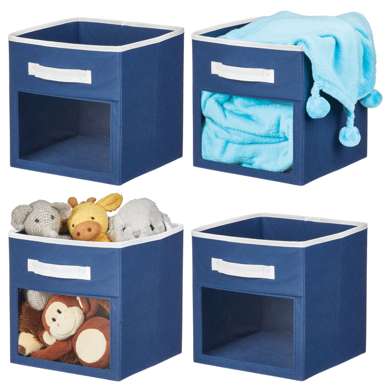 Navy and White Fabric Storage Cubes with Window, 4 Pack