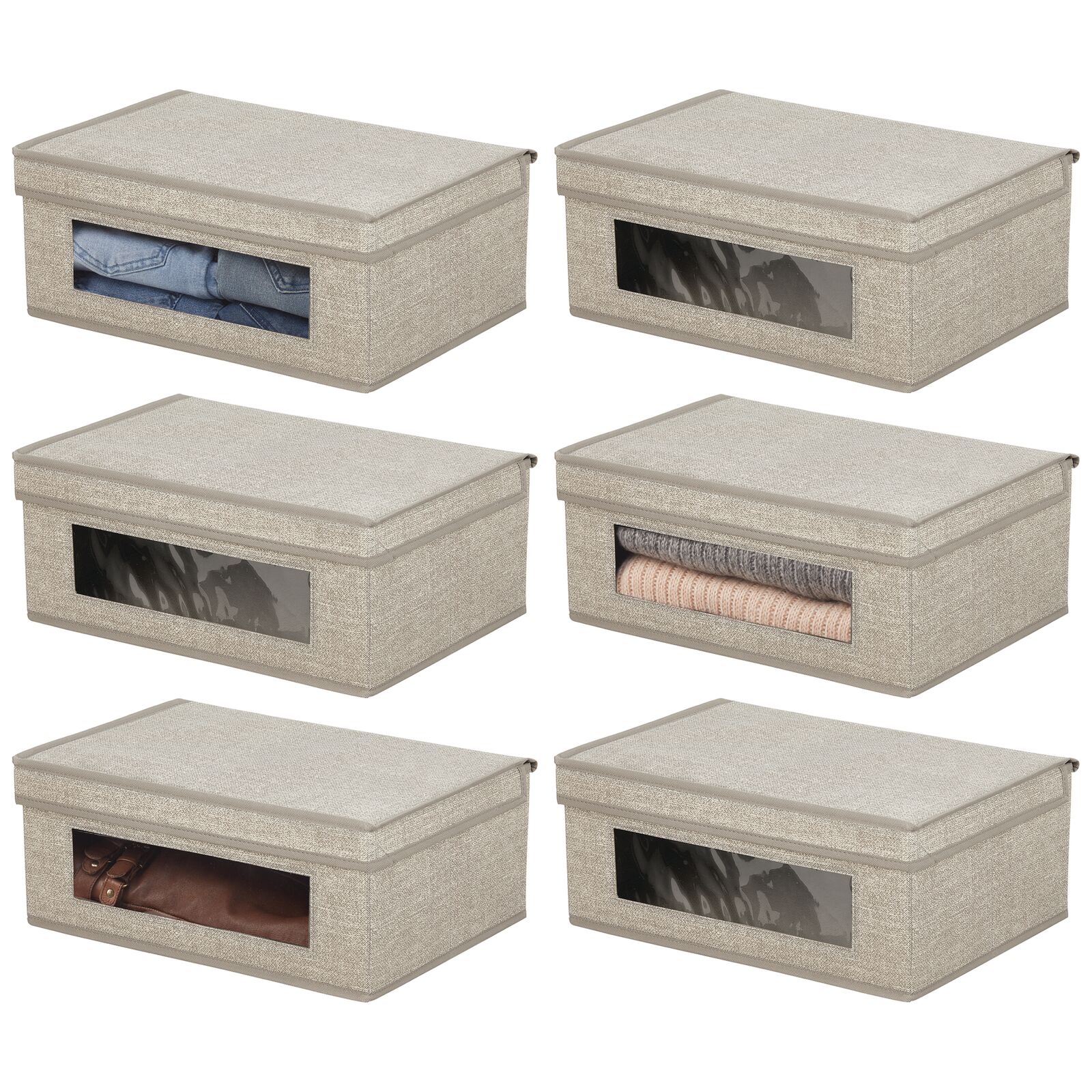 mDesign Fabric Stackable Slim Storage Organizer Box, 6 Pack Linen/Tan