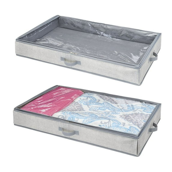 mDesign Fabric Under Bed Storage Organizer Bag, Zippered Lid, 2 Pack - Gray