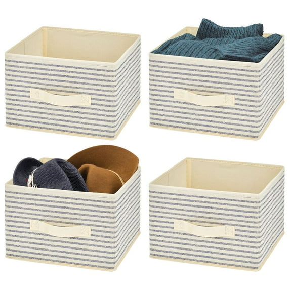 mDesign Foldable Bin for Cube Organizer - 4 Pack - Natural/Cobalt Blue Stripe