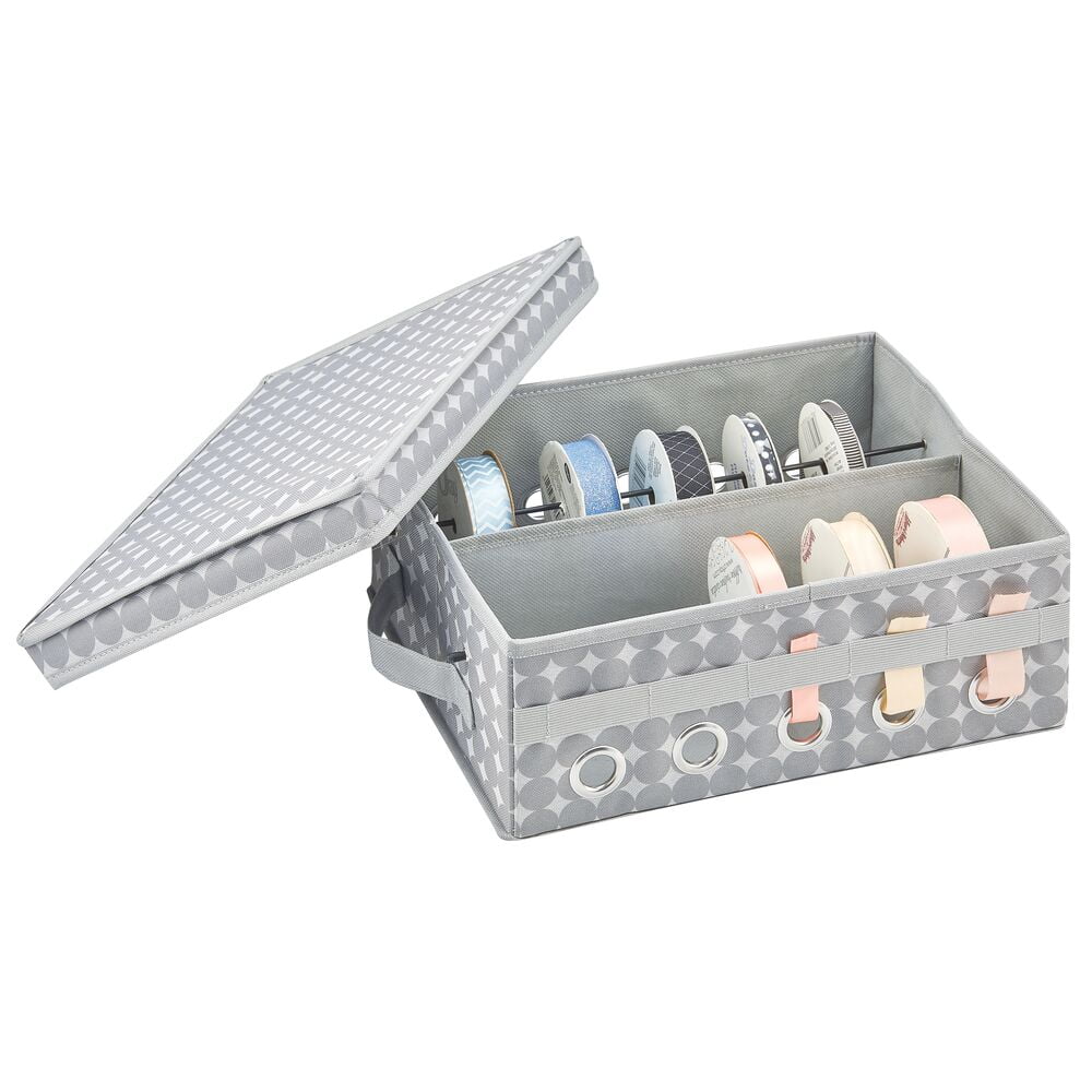 mDesign GiftWrapping Ribbon Box w/ Handles, Lid Holiday Bow