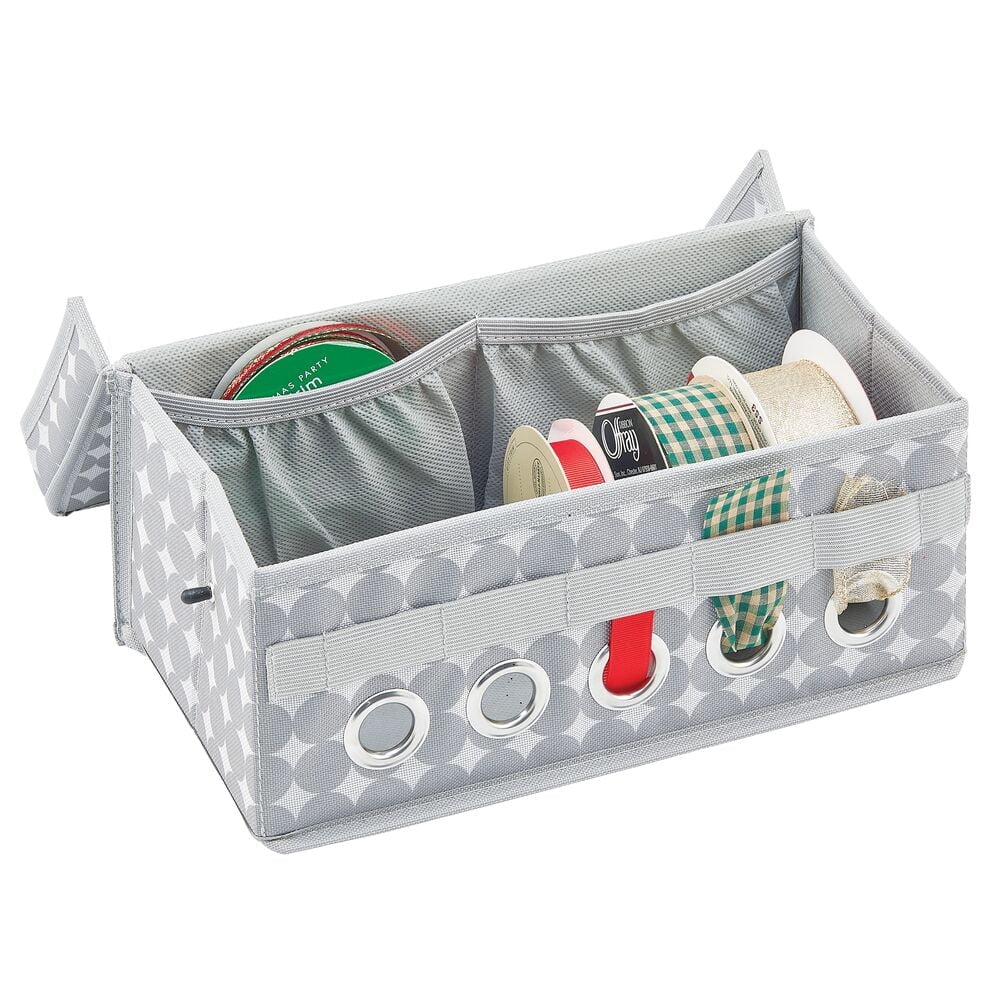 Gray Fabric Lidded Ribbon Storage Box with Handles
