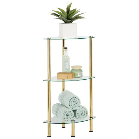 mDesign Glass Corner 3-Tier Tower Cabinet Organizer Shelves - Soft Brass/Clear