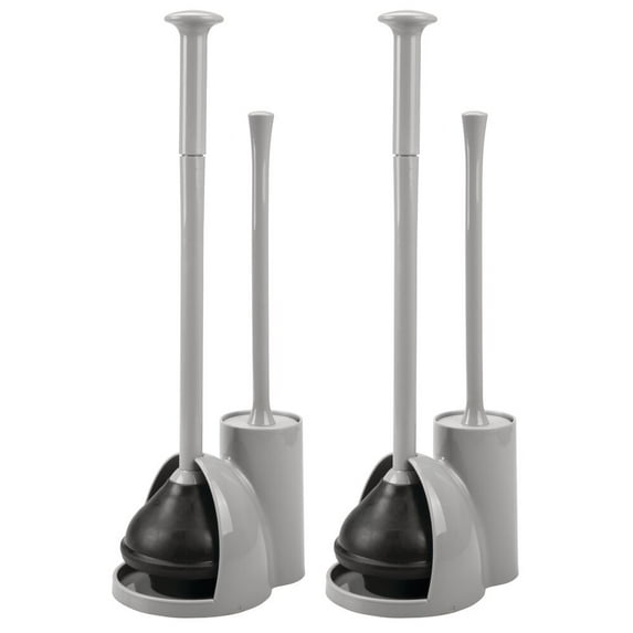 mDesign Hidden Plunger and Brush Set for Toilet Bowl - Brush Cleaner and Plunger Combo with Holder Caddy for Bathroom - Modern Toilet Brush and Plunger Set - Aura Collection - 2 Pack - Gray