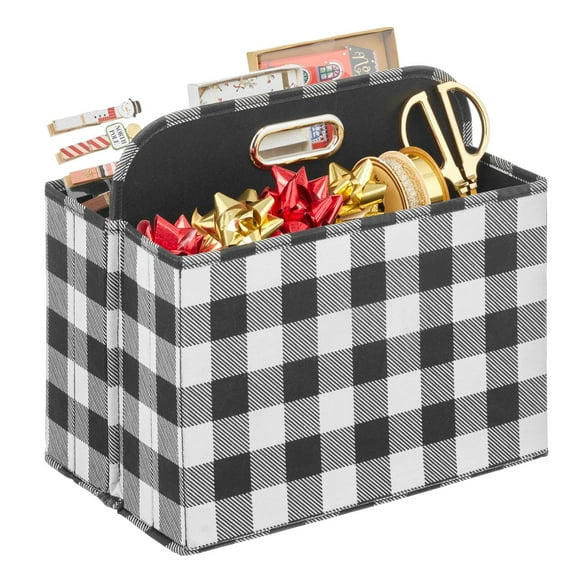 mDesign Holiday Storage Box for Gift Wrapping/Bows, Buffalo Plaid Black/White