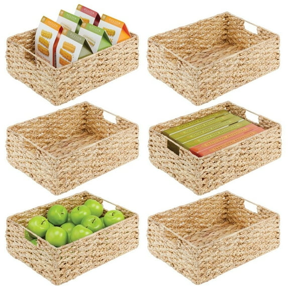 mDesign Hyacinth Braided Woven Pantry Bin Basket, Handles, 6 Pack, Natural/Tan
