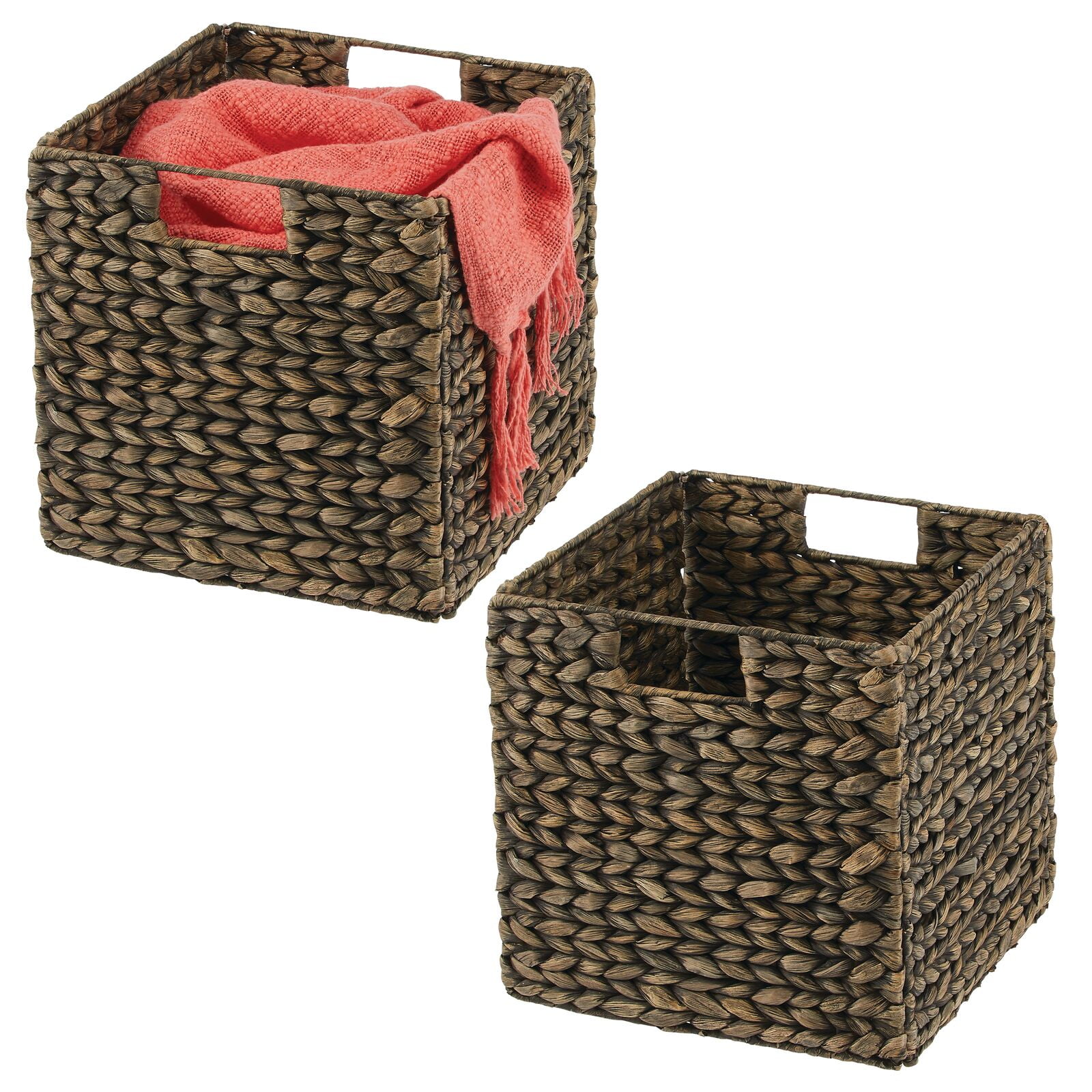 mDesign Hyacinth Woven Cube Bin Basket Organizer, Handles, 2 Pack, Black Wash