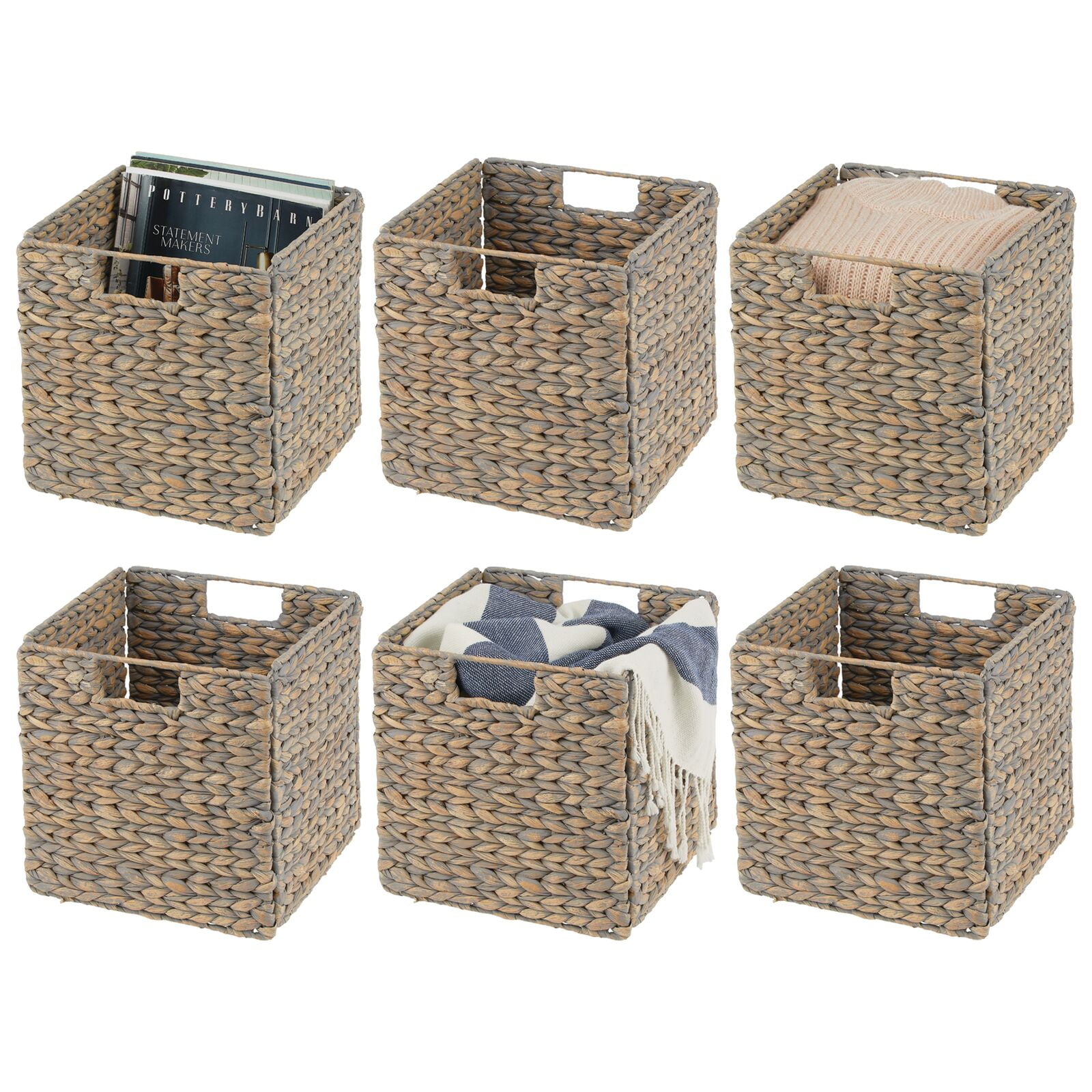 mDesign Hyacinth Woven Cube Bin Basket Organizer, Handles, 6 Pack, Gray Wash