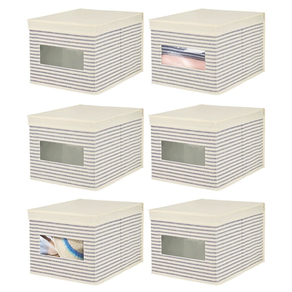 mDesign Large Fabric Closet Box, Front Window/Lid, 6 Pack, Natural/Blue Stripe