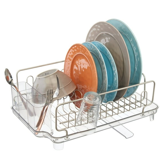 mDesign Large Kitchen Dish Drying Rack / Drainboard, Swivel Spout - Satin/Clear