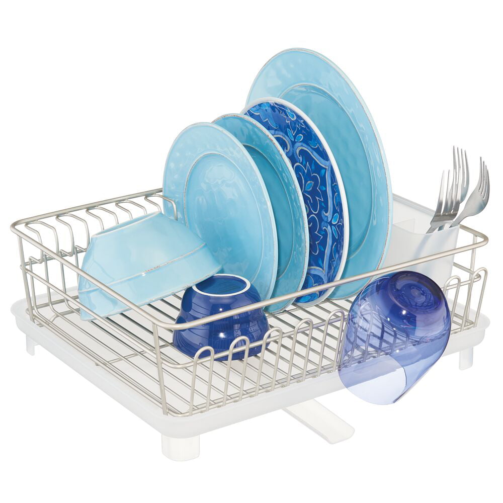 mDesign Large Kitchen Counter Dish Drying Rack with Swivel Spout - Satin/Frost