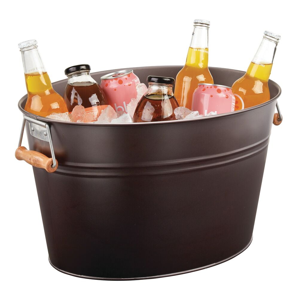 mDesign Large Metal 4.75 Gallon Beverage Tub Cooler, Bamboo Handles, Bronze