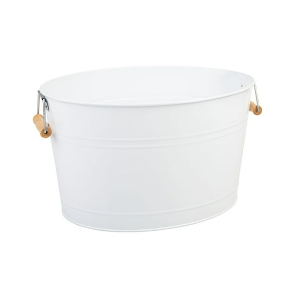 mDesign Large Metal Beverage Tub Oval Cooler for Beer, Wine, Ice, and Drinks - Portable 4.75 Gallon/18 Liter Cold Drink Trough for Parties - Steel Bin Bucket Stand with Bamboo Handles, White