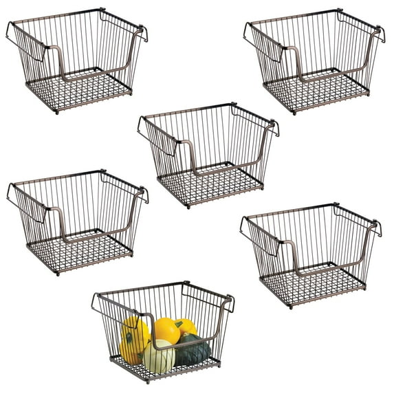 mDesign Large Metal Stackable Kitchen Basket w/ Handles - 6 Pack - Bronze