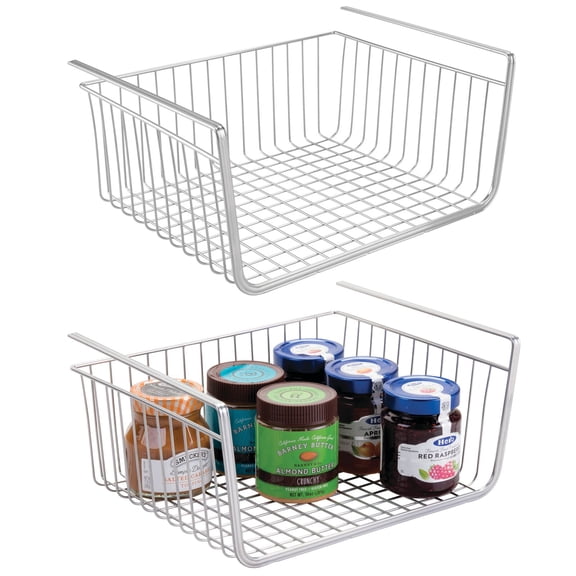 mDesign Large Metal Under Pantry Shelf Hanging Storage Basket, 2 Pack - Chrome