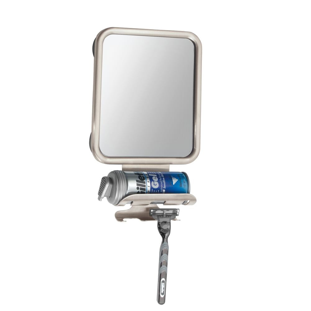 Satin Steel Wall-Mounted Fogless Shaving Mirror with Storage Hooks