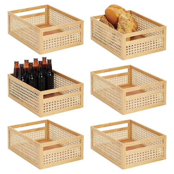 mDesign Large Natural Cane Kitchen Storage Bin with Handles, 6 Pack, Natural