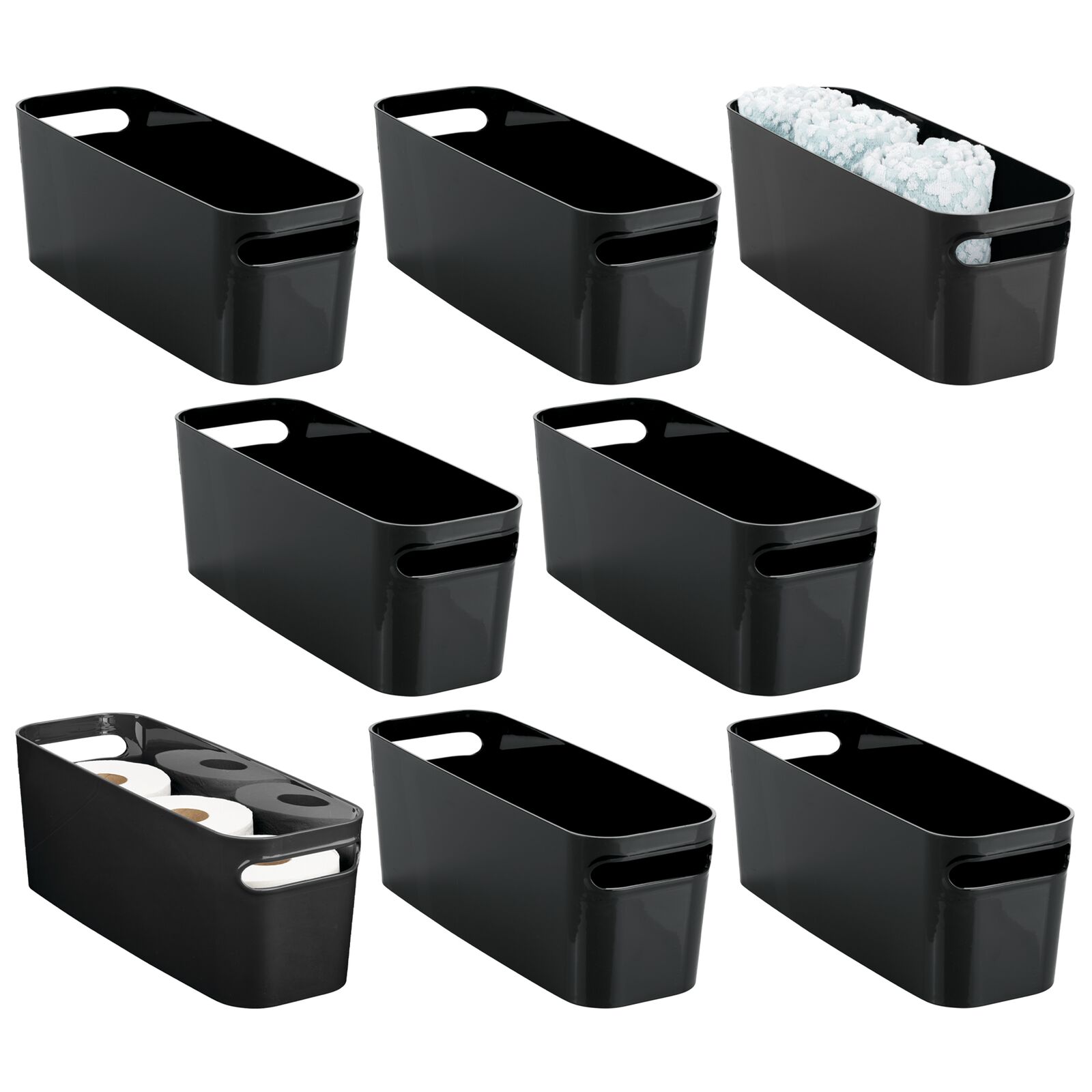 mDesign Large Plastic Bathroom Storage Bins, Handles, 16" Long, 8 Pack, Black