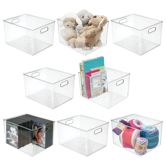 mDesign Large Plastic Bathroom Storage Organizer Bin with Handles, 8 Pack, Clear