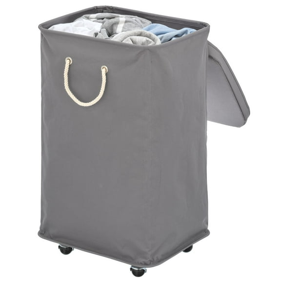 mDesign Large Polyester Rolling Laundry Hamper - Wheels, Lid, Handles, Dark Gray