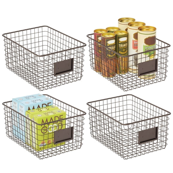 mDesign Large Steel Kitchen Organizer Basket with Label Slot, 4 Pack - Bronze