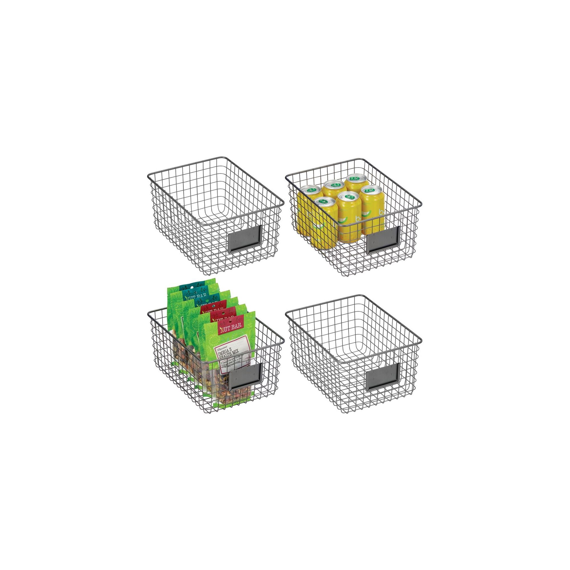 mDesign Large Steel Kitchen Organizer Basket with Label Slot, 4 Pack - Dark Gray