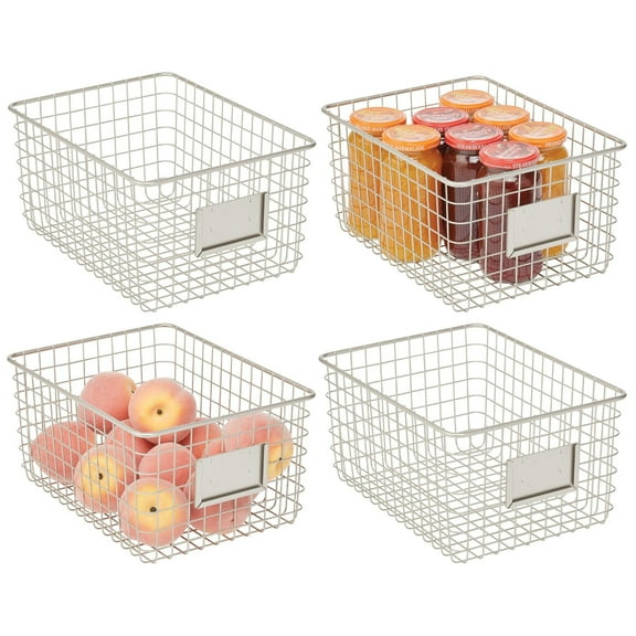 mDesign Large Steel Kitchen Organizer Basket with Label Slot, 4 Pack - Satin
